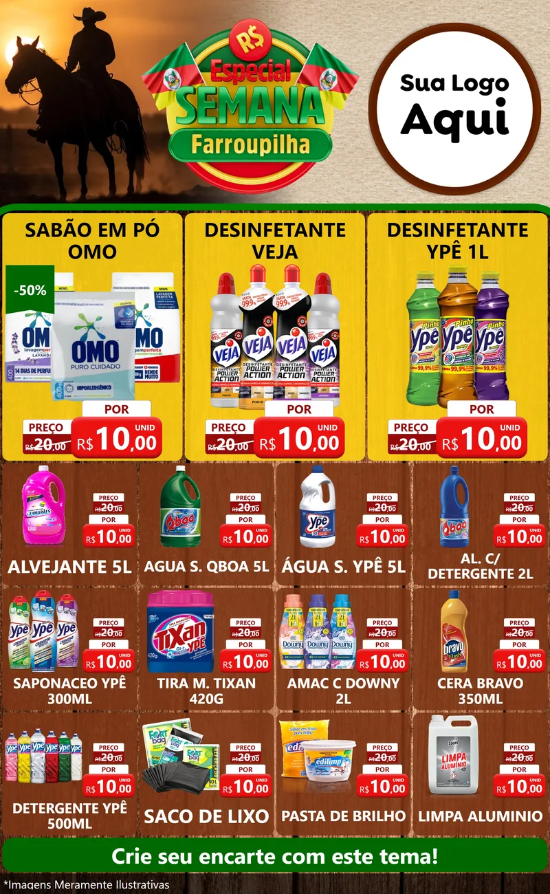 Modelo de Encarte para Encarte Grande com o tema Especial Semana Farroupilha para Produtos de Limpeza