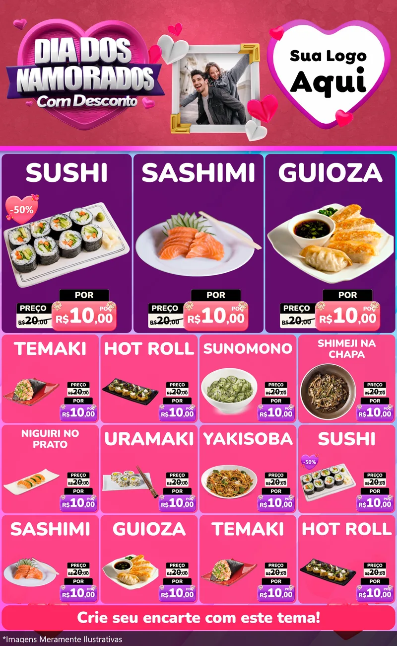 Modelo de Encarte para Encarte Grande com o tema Dia Dos Namorados Com Desconto para Comida japonesa