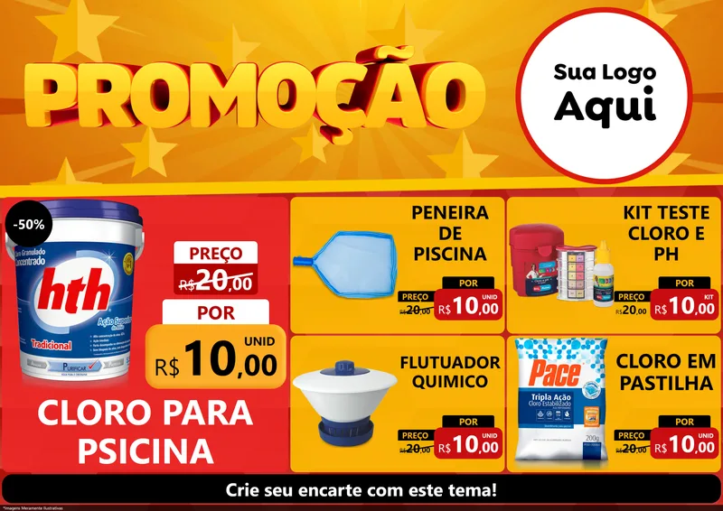 Modelo de Encarte para Encarte A4 Horizontal com o tema Promoção para Produtos para Piscina