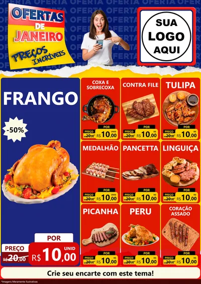 Modelo de Encarte para Encarte A4 Vertical com o tema Ofertas de Janeiro - Preços Incríveis para Assados