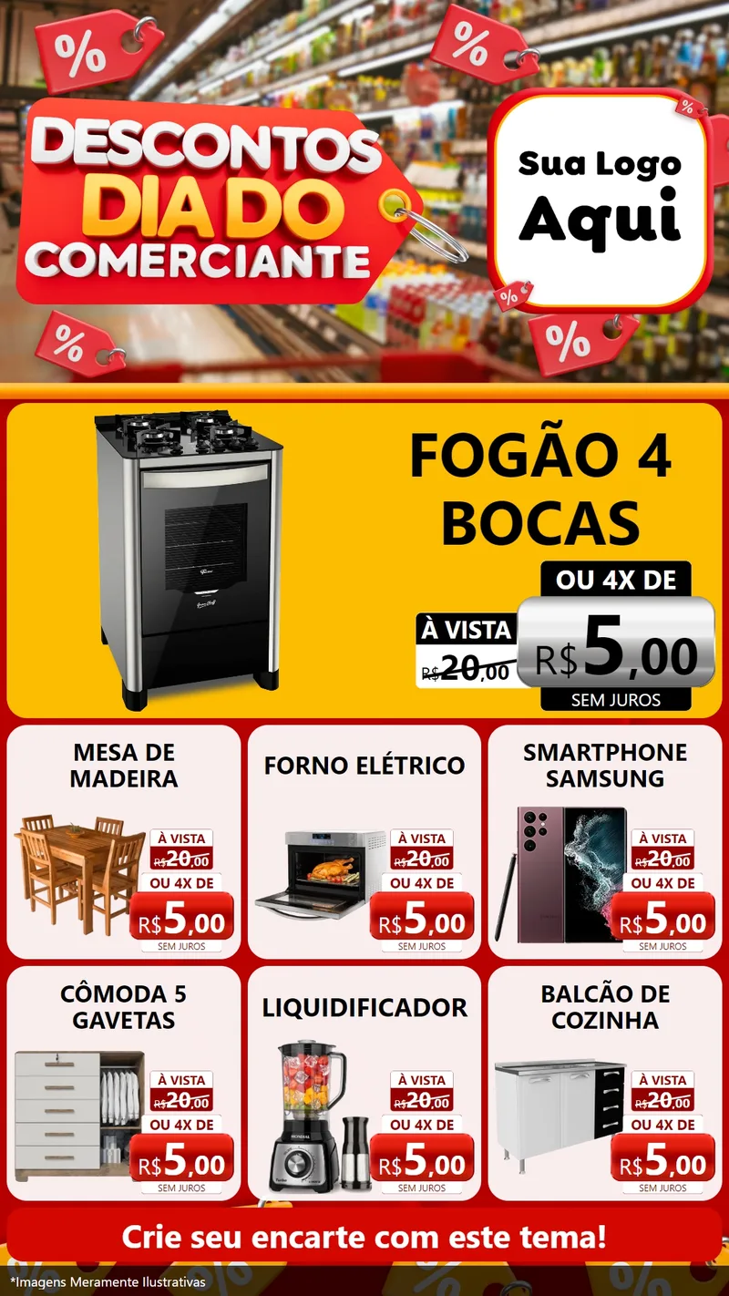 Modelo de Rede Social para Stories com o tema Descontos Dia do Comerciante para Móveis e Eletro