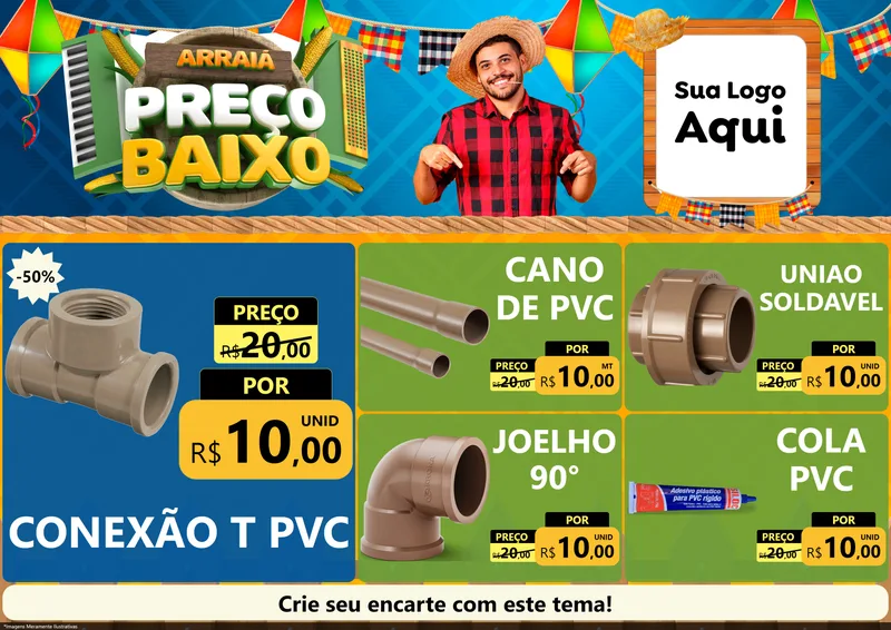 Modelo de Encarte para Encarte A4 Horizontal com o tema Arraiá de Preço Baixo - Junina para Tubos e conexões