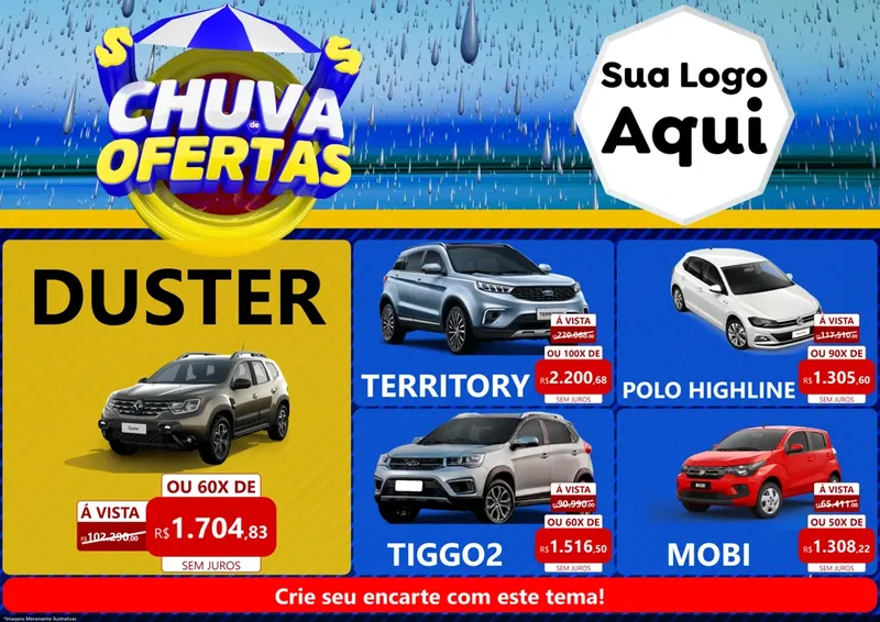 Modelo de Encarte para Encarte A4 Horizontal com o tema Chuva de Ofertas para Concessionaria de Carros