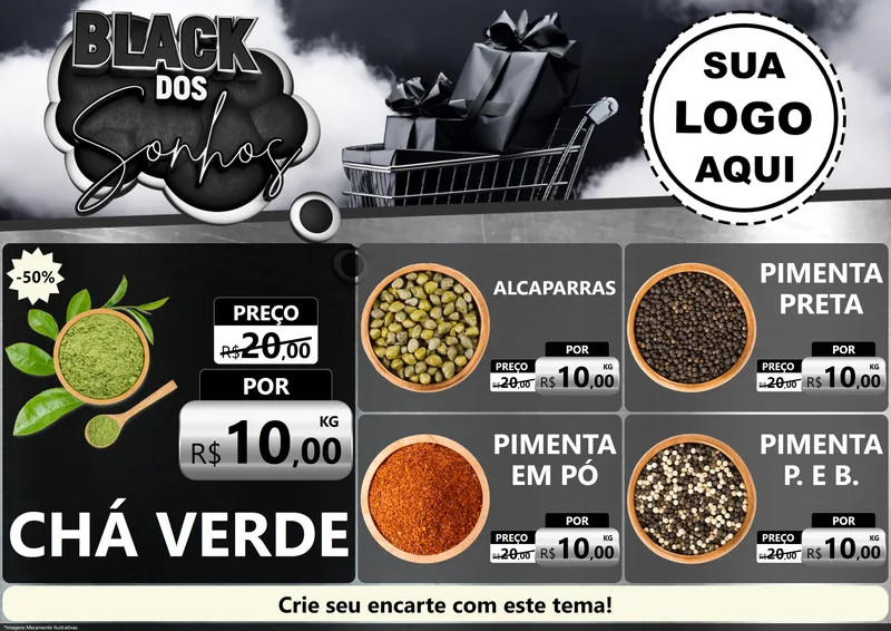 Modelo de Encarte para Encarte A4 Horizontal com o tema Black dos Sonhos para Produtos Naturais