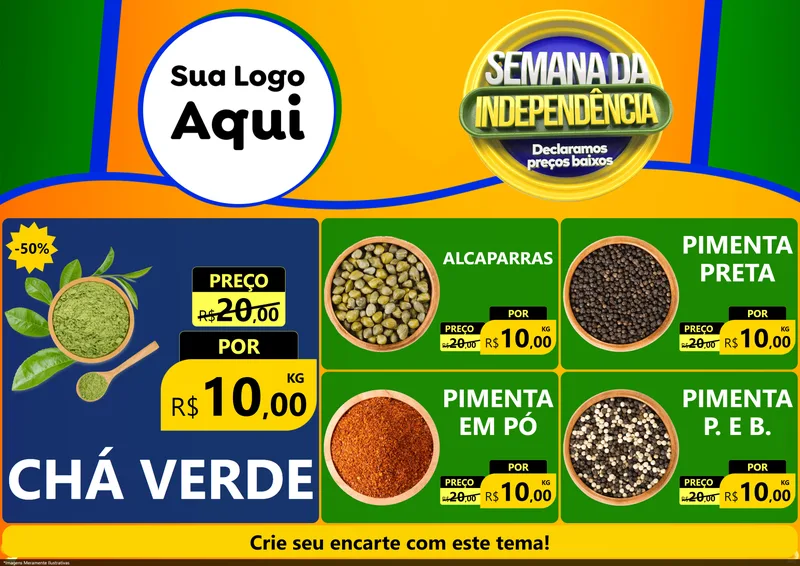 Modelo de Encarte para Encarte A4 Horizontal com o tema Semana da Independência Declaramos Preços Baixos para Produtos Naturais