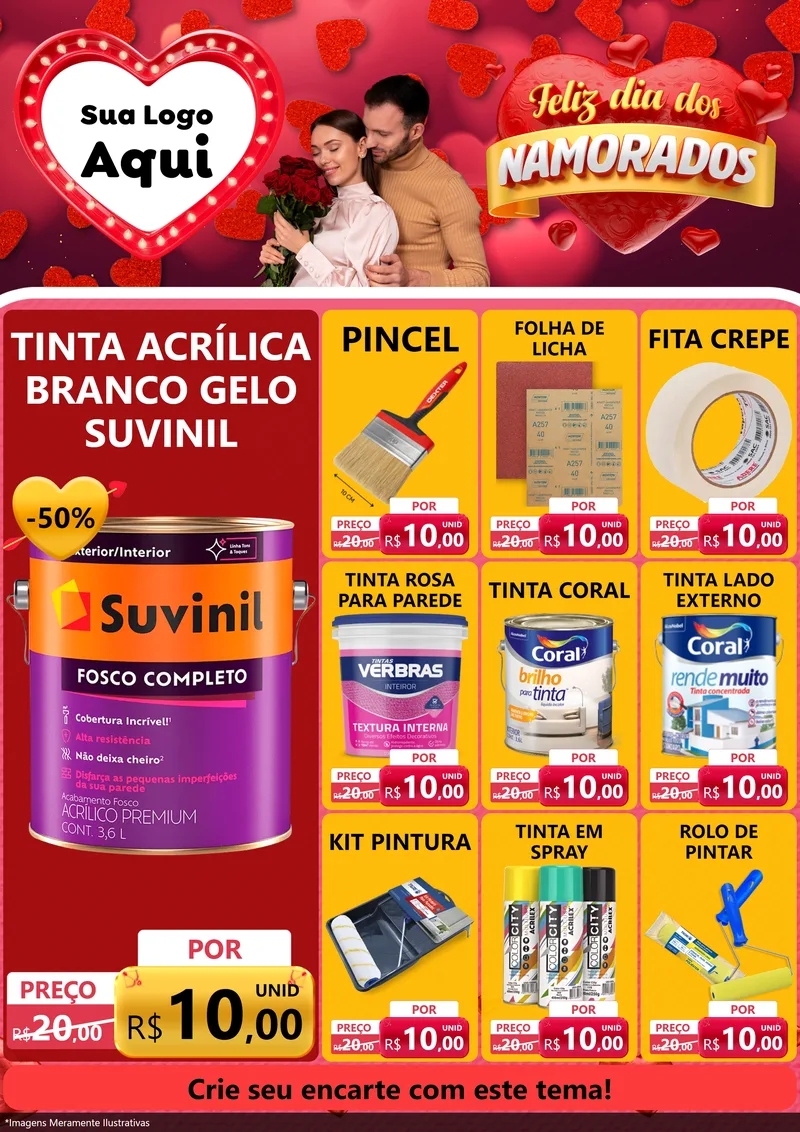 Modelo de Encarte para Encarte A4 Vertical com o tema Feliz Dia Dos Namorados para Tintas e Ferramentas