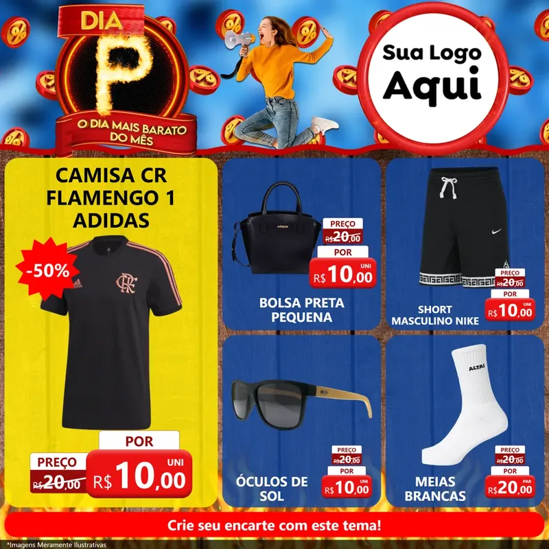 Modelo de Rede Social para Feed Facebook com o tema Dia P - O Dia Mais Barato Do Mês para Roupas e acessórios