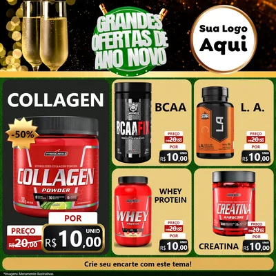 Modelo de Rede Social para Feed Facebook com o tema Grandes Ofertas de Ano Novo para Suplementos alimentares