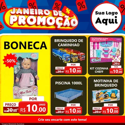 Modelo de Rede Social para Feed Facebook com o tema Janeiro de Promoção para Brinquedos