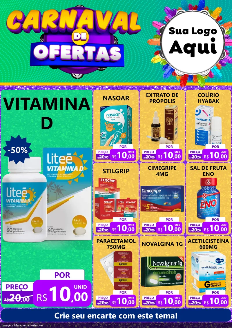 Modelo de Encarte para Encarte A4 Vertical com o tema Carnaval de Ofertas para Farmácia