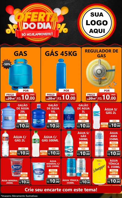 Modelo de Encarte para Encarte Grande com o tema Oferta do Dia - Só hoje, Aproveite! para Água e gás