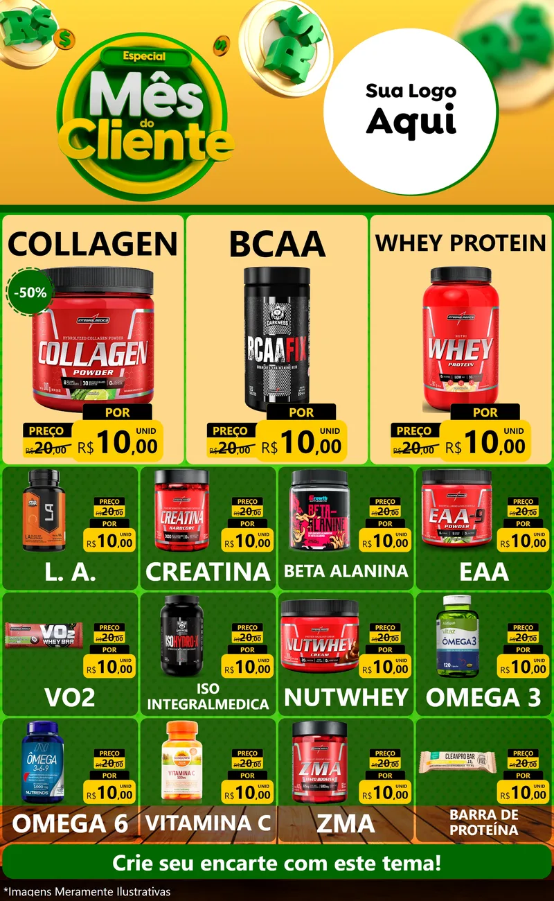 Modelo de Encarte para Encarte Grande com o tema Especial Mês do Cliente para Suplementos alimentares