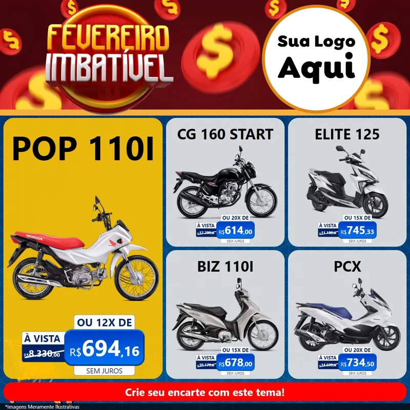 Modelo de Rede Social para Feed Facebook com o tema Fevereiro Imbatível para Concessionaria de Motos