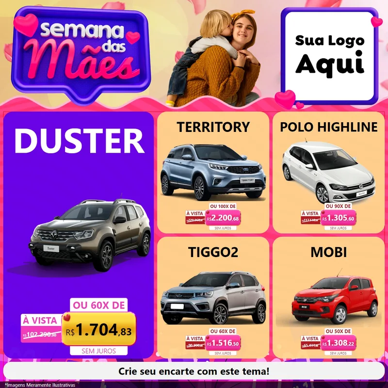 Modelo de Rede Social para Feed Facebook com o tema Semana das Mães para Concessionaria de Carros