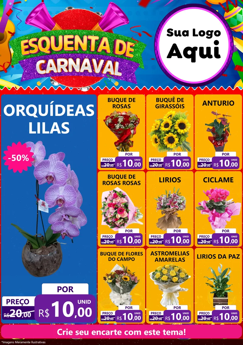 Modelo de Encarte para Encarte A4 Vertical com o tema Esquenta de Carnaval para Floricultura e jardim