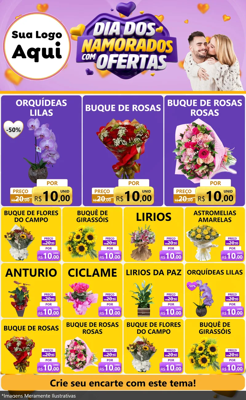 Modelo de Encarte para Encarte Grande com o tema Dia Dos Namorados Com Ofertas para Floricultura e jardim