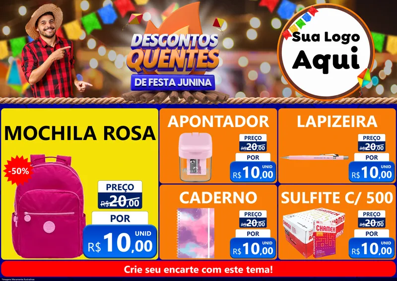 Modelo de Encarte para Encarte A4 Horizontal com o tema Descontos Quentes de Festa Junina para Papelaria