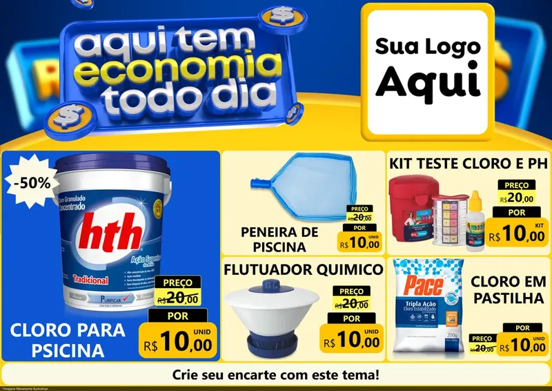 Modelo de Encarte para Encarte A4 Horizontal com o tema Aqui Tem Economia Todo Dia para Produtos para Piscina