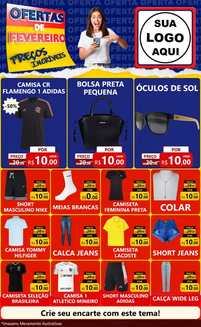 Modelo de Encarte para Encarte Grande com o tema Ofertas de Fevereiro - Preços Incríveis para Roupas e acessórios