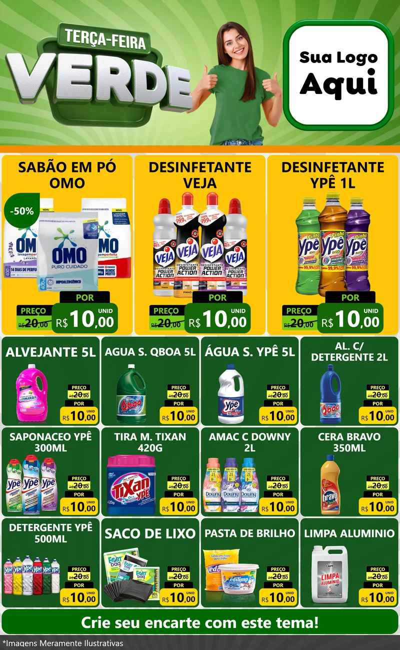 Modelo de Encarte para Encarte Grande com o tema Terça - Feira Verde para Produtos de Limpeza
