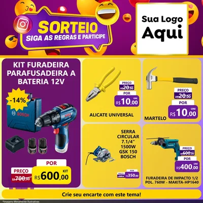 Modelo de Rede Social para Feed Facebook com o tema Sorteio para Maquinas e Ferramentas