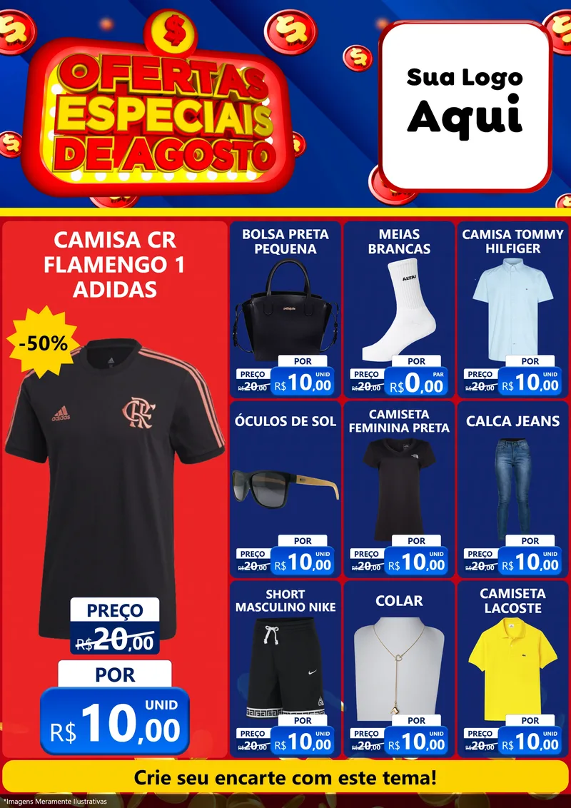 Modelo de Encarte para Encarte A4 Vertical com o tema Ofertas Especiais de Agosto para Roupas e acessórios