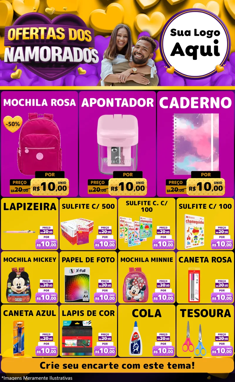 Modelo de Encarte para Encarte Grande com o tema Oferta Dos Namorados para Papelaria