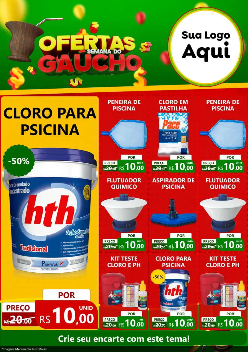 Modelo de Encarte para Encarte A4 Vertical com o tema Ofertas Semana Do Gaúcho para Produtos para Piscina