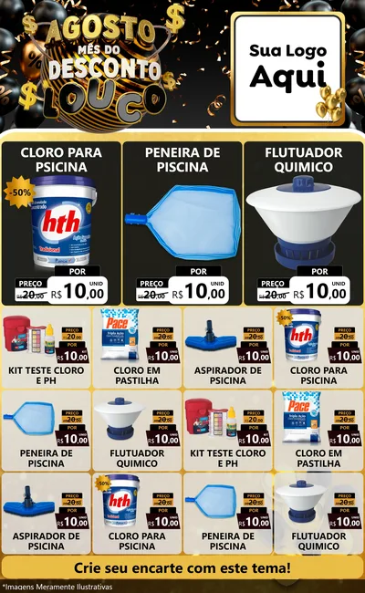 Modelo de Encarte para Encarte Grande com o tema Agosto Mês do Desconto Louco para Produtos para Piscina