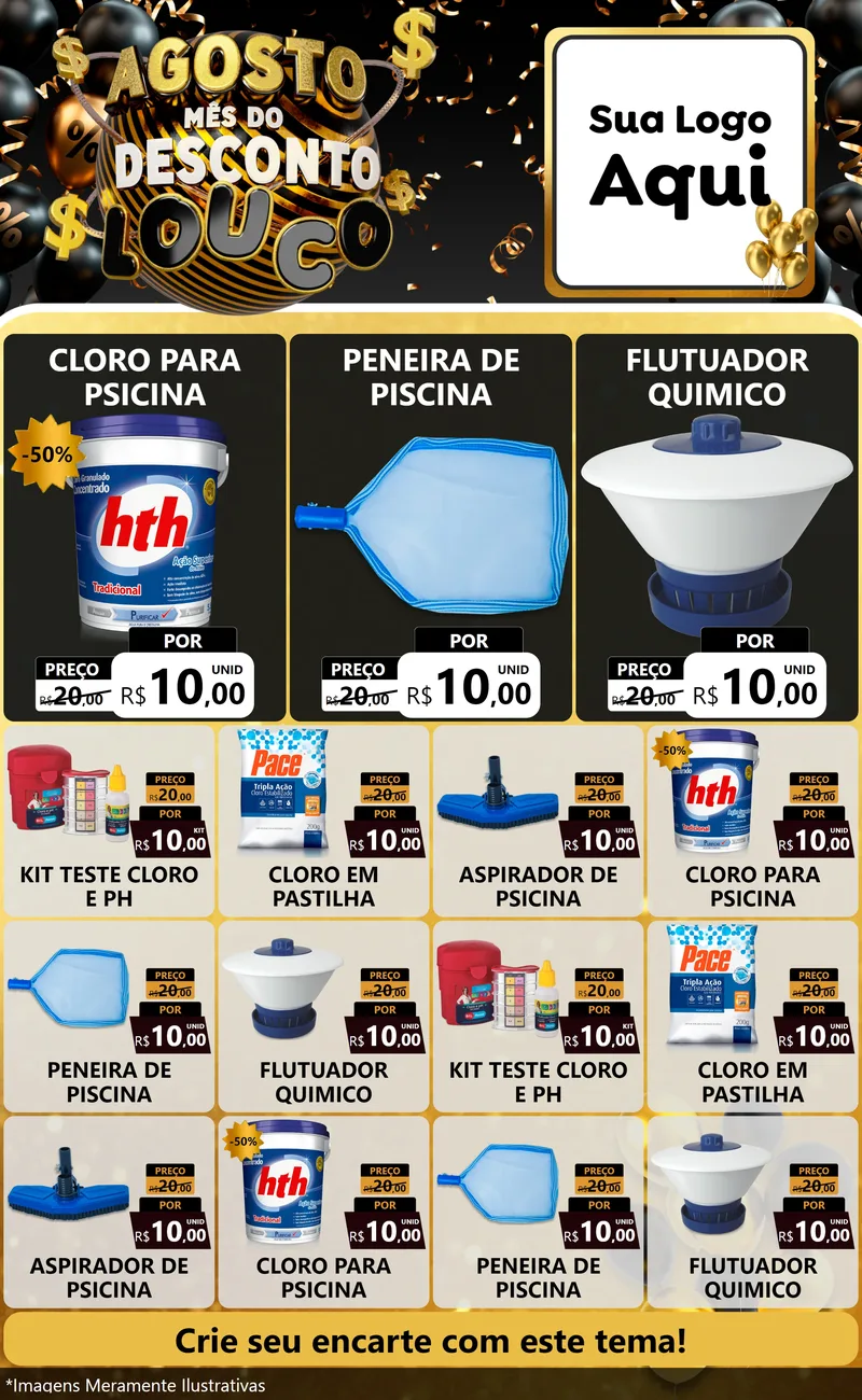 Modelo de Encarte para Encarte Grande com o tema Agosto Mês do Desconto Louco para Produtos para Piscina