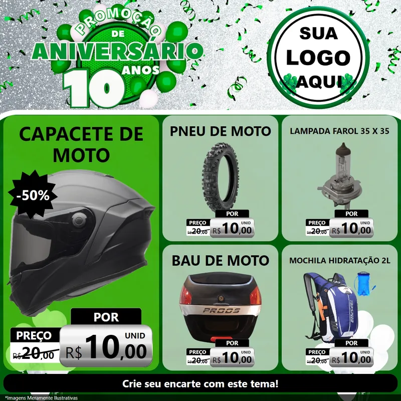Modelo de Rede Social para Feed Facebook com o tema Promoção de Aniversário - 10 Anos para Moto peças