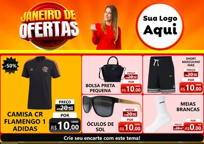 Modelo de Encarte para Encarte A4 Horizontal com o tema Janeiro de Ofertas para Roupas e acessórios