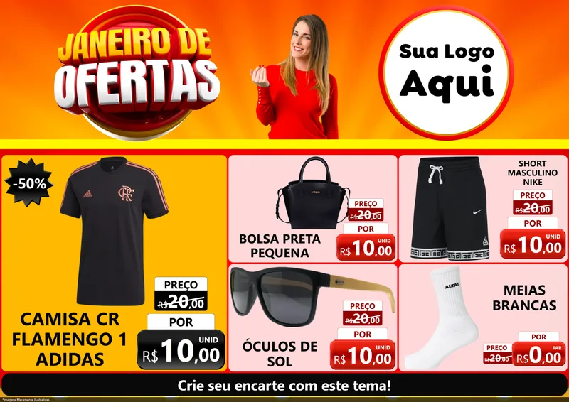 Modelo de Encarte para Encarte A4 Horizontal com o tema Janeiro de Ofertas para Roupas e acessórios