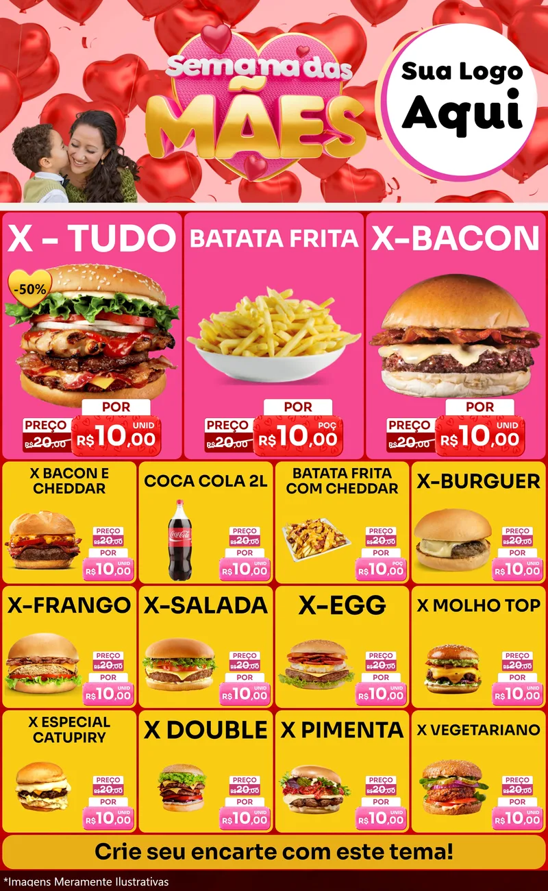 Modelo de Encarte para Encarte Grande com o tema Semana Das Mães para Hamburgueria