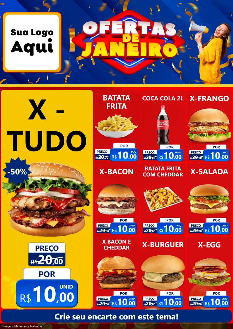 Modelo de Encarte para Encarte A4 Vertical com o tema Ofertas de Janeiro para Hamburgueria
