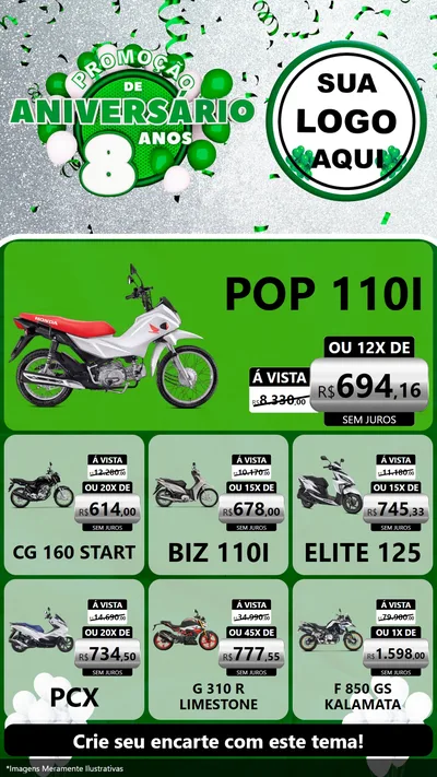 Modelo de Rede Social para Stories com o tema Promoção de Aniversário - 8 Anos para Concessionaria de Motos