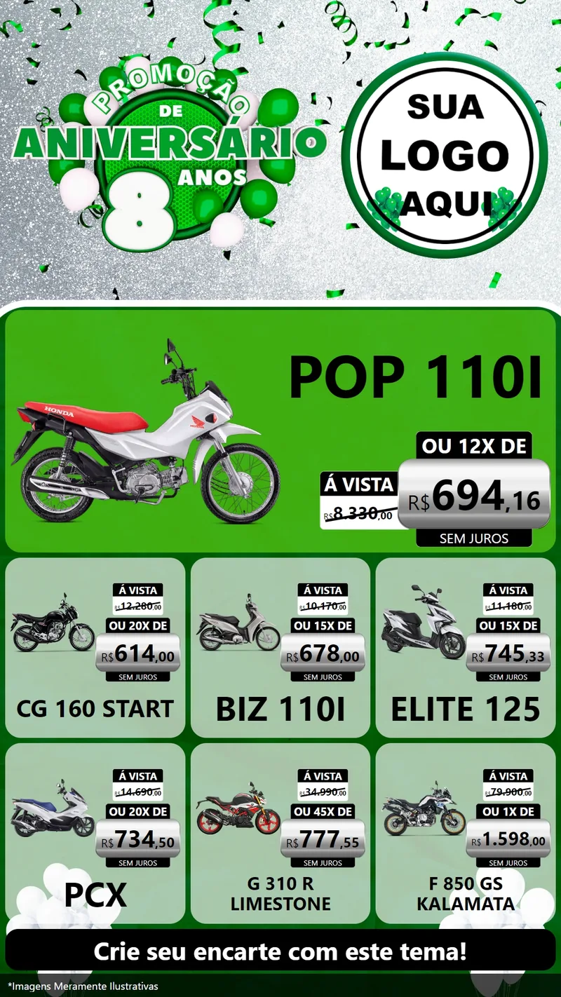 Modelo de Rede Social para Stories com o tema Promoção de Aniversário - 8 Anos para Concessionaria de Motos