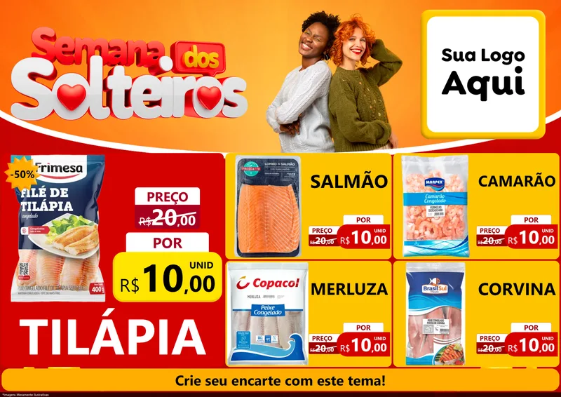 Modelo de Encarte para Encarte A4 Horizontal com o tema Semana dos Solteiros para Peixaria