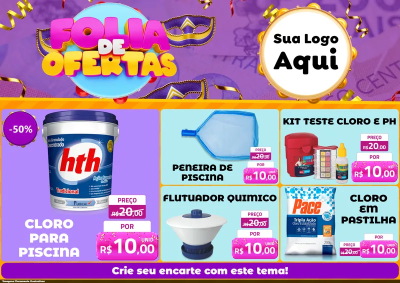 Modelo de Encarte para Encarte A4 Horizontal com o tema Folia de Ofertas para Produtos para Piscina