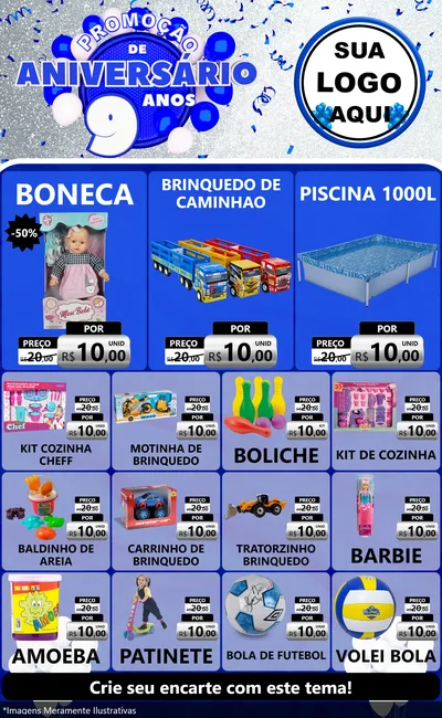 Modelo de Encarte para Encarte Grande com o tema Promoção de Aniversário - 9 Anos para Brinquedos