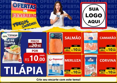 Modelo de Encarte para Encarte A4 Horizontal com o tema Ofertas de Fevereiro - Preços Incríveis para Peixaria