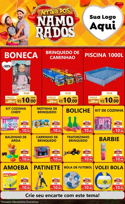 Modelo de Encarte para Encarte Grande com o tema Arraiá dos Namorados para Brinquedos