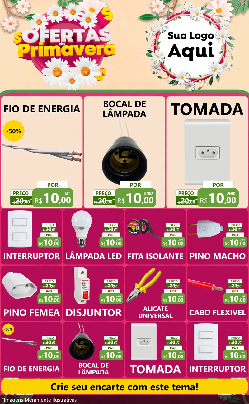 Modelo de Encarte para Encarte Grande com o tema Ofertas de Primavera para Materiais Elétricos