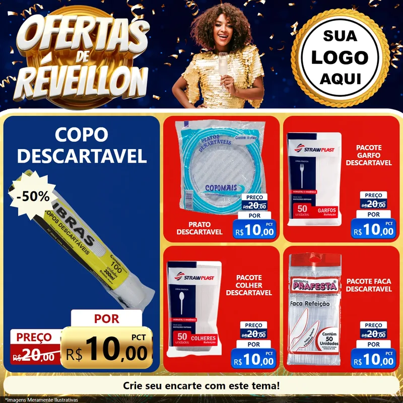 Modelo de Rede Social para Feed Facebook com o tema Ofertas de Réveillon para Embalagens