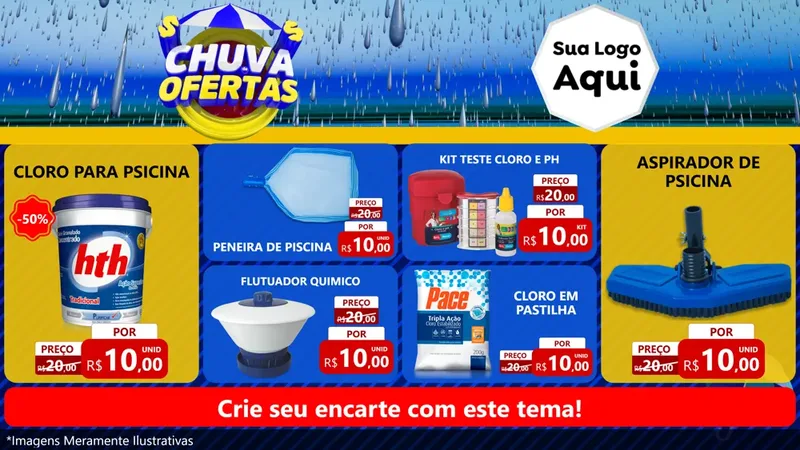 Modelo de TV para TV Horizontal com o tema Chuva de Ofertas para Produtos para Piscina
