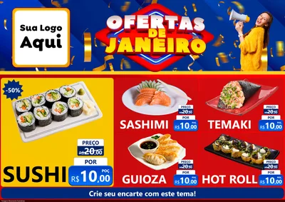 Modelo de Encarte para Encarte A4 Horizontal com o tema Ofertas de Janeiro para Comida japonesa