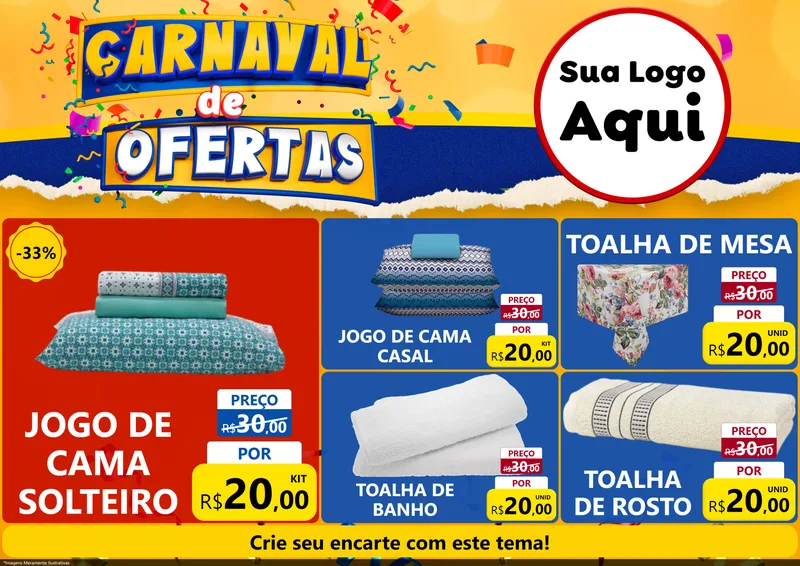 Modelo de Encarte para Encarte A4 Horizontal com o tema Carnaval de Ofertas para Cama, Mesa e Banho