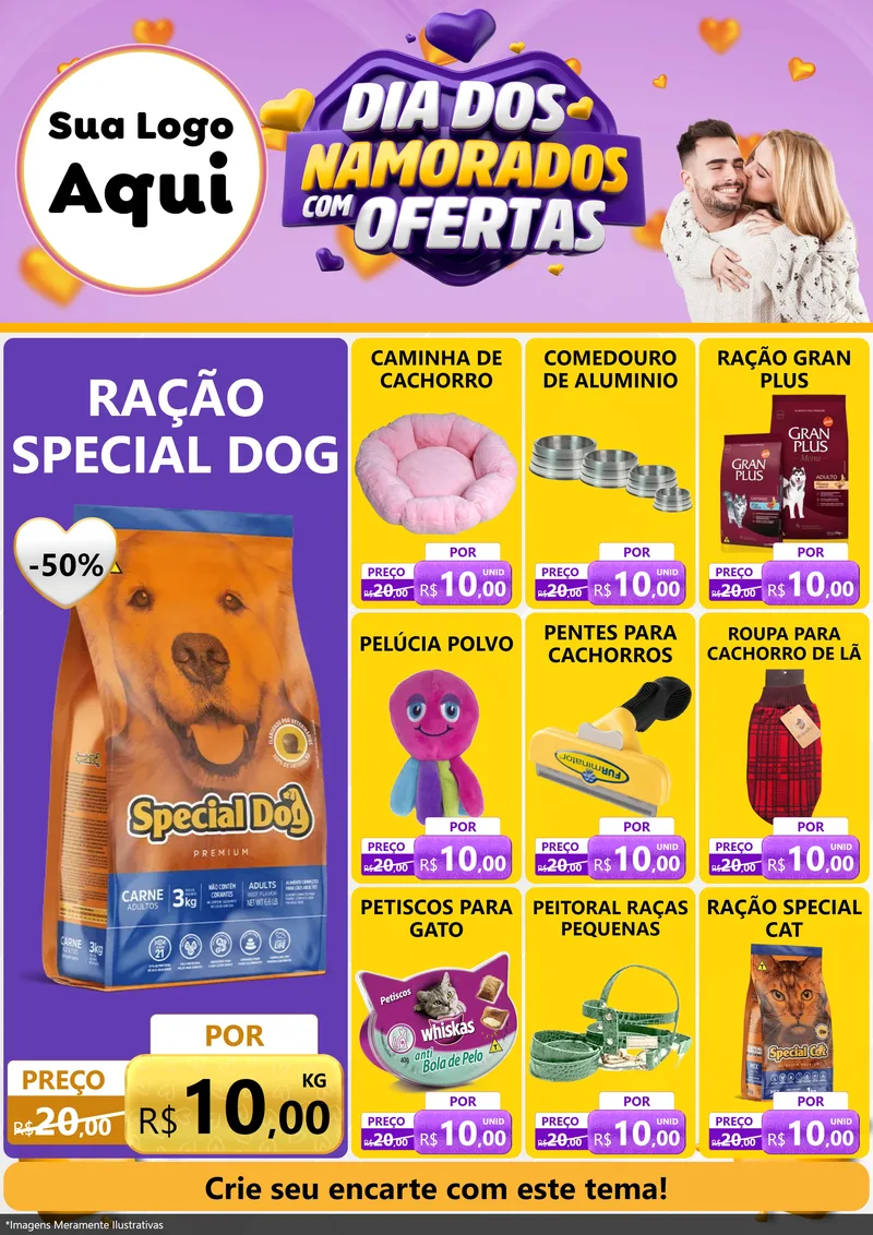 Modelo de Encarte para Encarte A4 Vertical com o tema Dia Dos Namorados Com Ofertas para Pet Shop