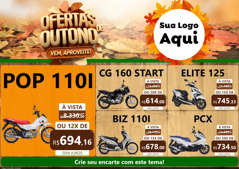 Modelo de Encarte para Encarte A4 Horizontal com o tema Ofertas de Outono - Vem, Aproveite! para Concessionaria de Motos