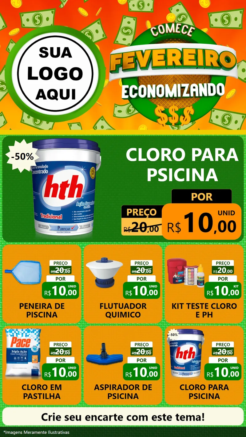 Modelo de Rede Social para Stories com o tema Comece Fevereiro Economizando para Produtos para Piscina